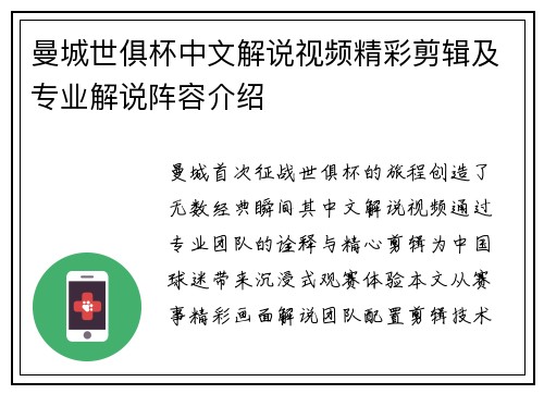 曼城世俱杯中文解说视频精彩剪辑及专业解说阵容介绍